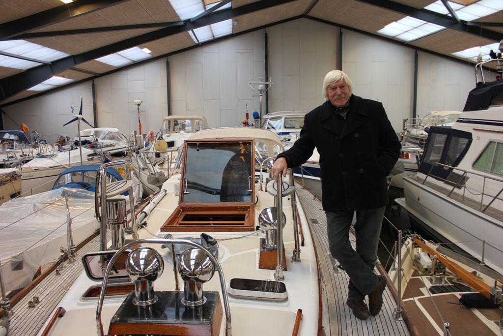 Tom Cunliffe checks out his boat in a heated shed in Denmark